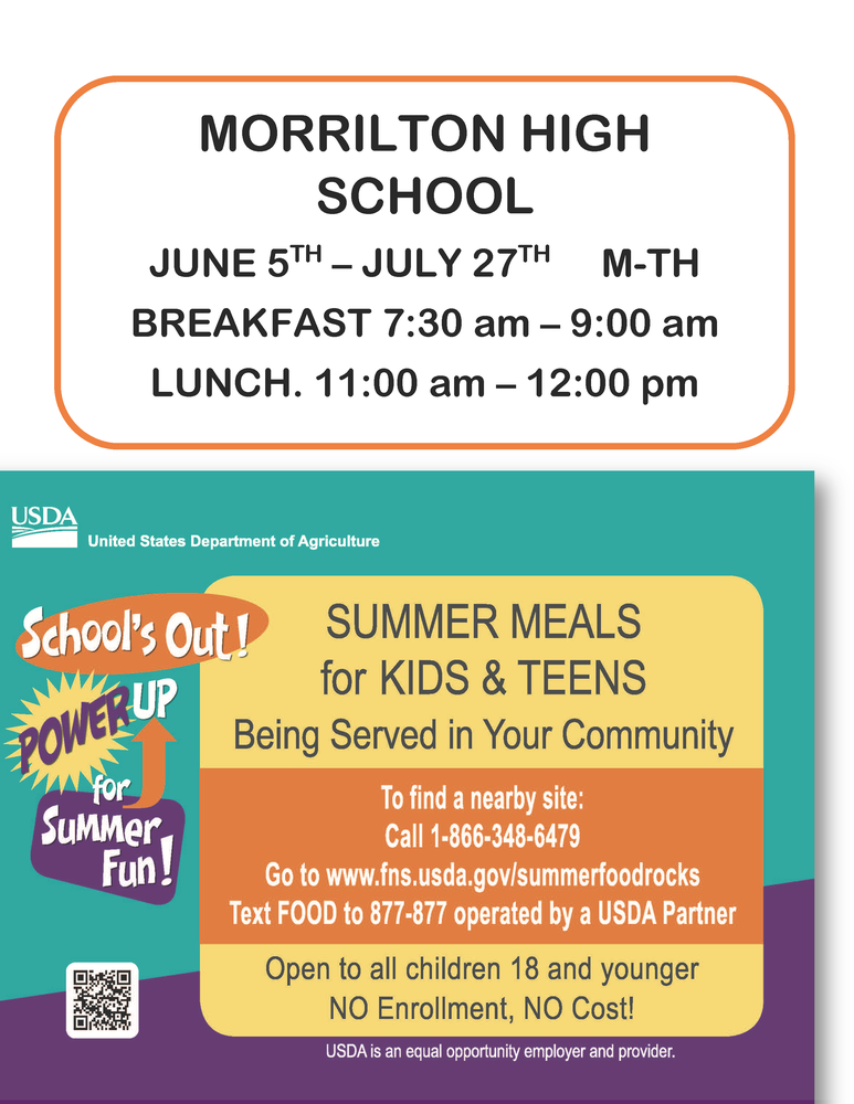 Free Summer Meals for Kids & Teens - June 5  through July 27 - Breakfast served from 7:30 to 9:00 am. Lunch Served from 11:00 am to 12:00 pm. At Morrilton High School Cafeteria.